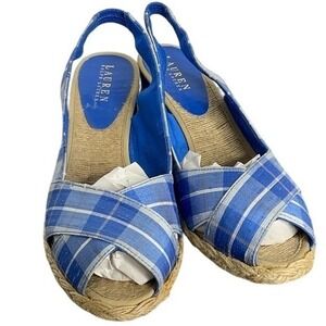 Lauren Ralph Lauren Womens CAMARA Blue Plaid Wedge Slingback Sandals‎ Size 10B